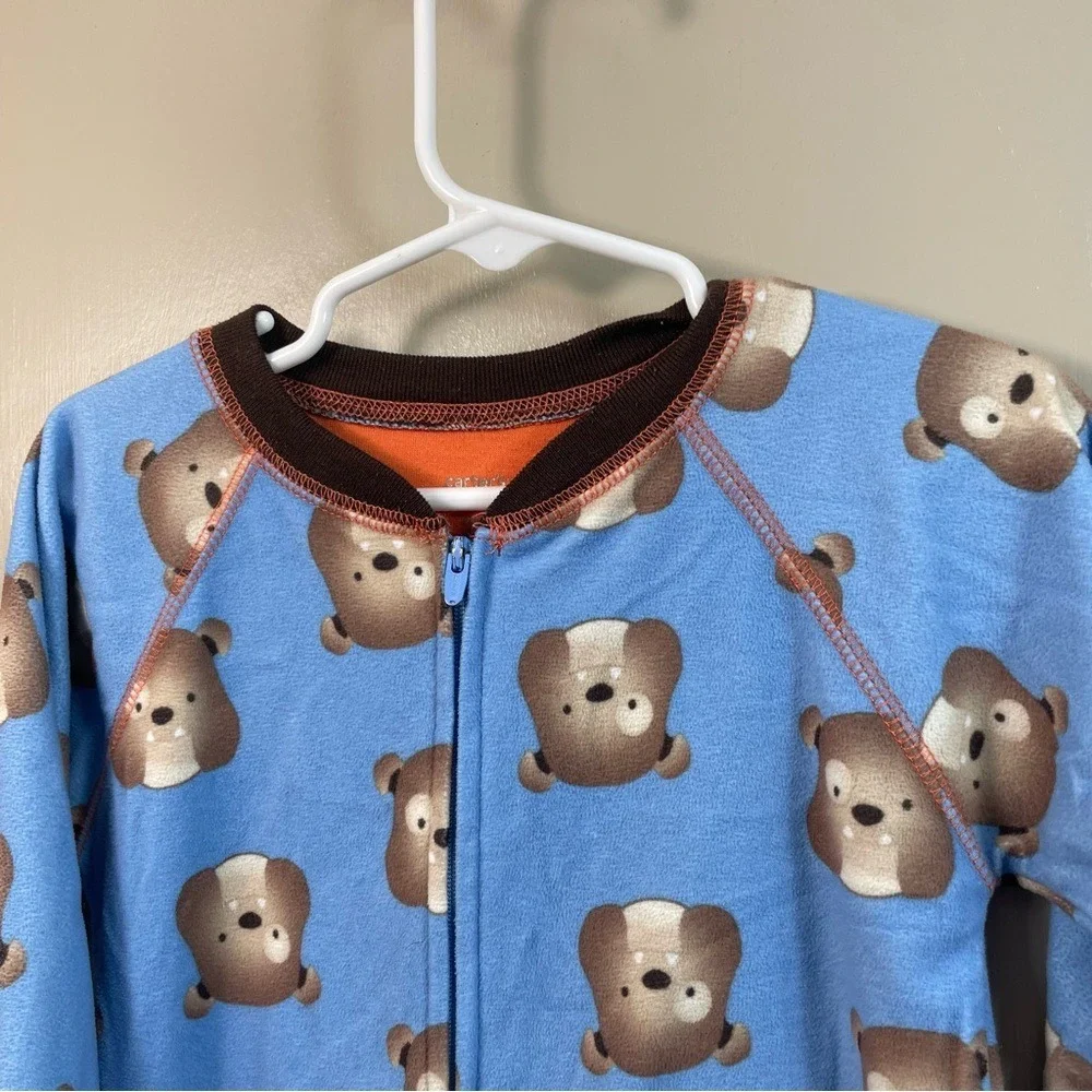 Footed Pajamas Blue Brown Bear Print Zip Up One Piece‎ Sleepwear
